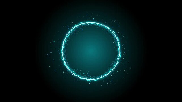 Glowing cyan neon circle frame with pulsing energy particles and abstract digital wave motion