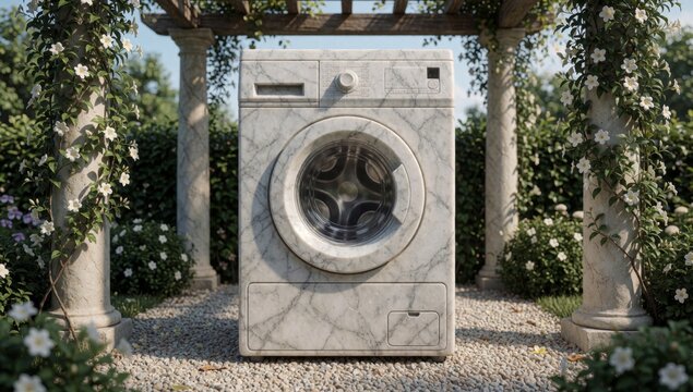 White washing machine middle garden made marble has round window center placed wooden pergola flowers greenery