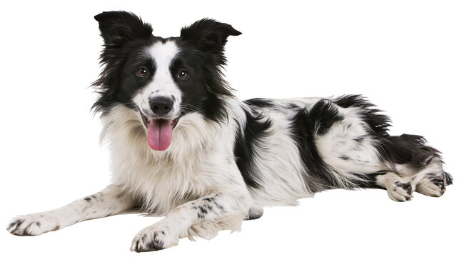 Isolated playful black and white Border Collie dog lying down, panting, looking at camera