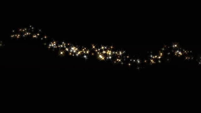 Golden glitter particle wave overlay: sparkling magic dust on black background