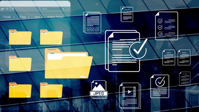 Abstract representation of digital document management with yellow folders, checklists, and paperwork icons on a modern glass building background Sigmoid