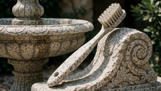 Close-up stone fountain toothbrush resting top made light-colored speckled texture has round base curved desig