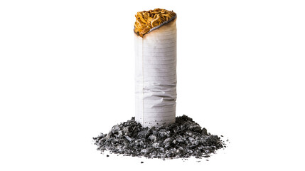 Isolated burnt cigarette butt standing upright in a heap of ash, symbol of addiction © David
