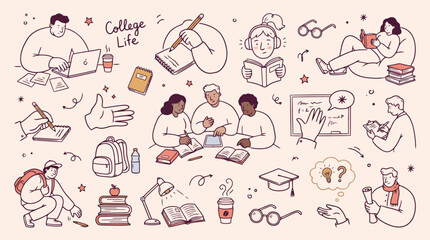 Fototapeta premium College life doodle set, university student education icons, hand drawn academic study elements, school learning vector collection