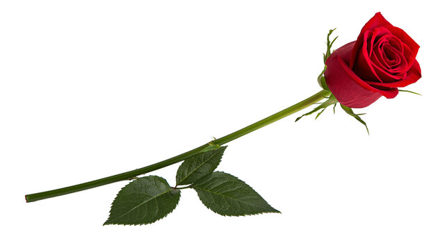 Isolated beautiful vibrant single red rose flower with green stem and delicate leaves