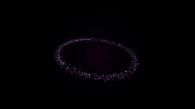 Pink glittering particle ring rotating on black background, abstract motion overlay