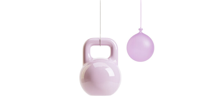 Isolated pink kettlebell and light water balloon hanging, symbolizing strength and fragility.
