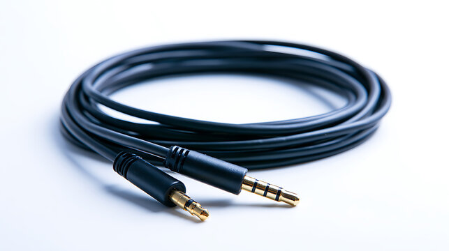 Coiled black audio cable with gold plated jack connector isolated on a clean white background, studio product shot for technology use