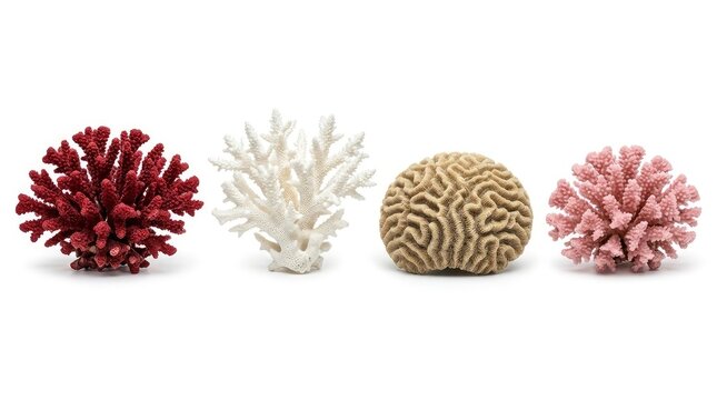 Collection of various coral species including brain coral and staghorn coral isolated on a white background