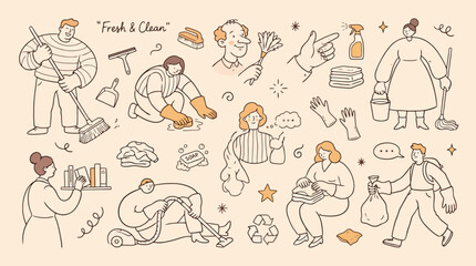 Fototapeta premium Hand-drawn cleaning service illustrations, fresh and clean doodle icons set, people doing household chores vector collection