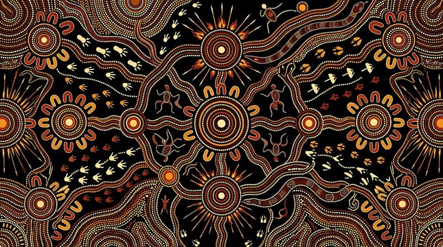 Aboriginal Dot Painting depicting creation story with suns and human figures during night