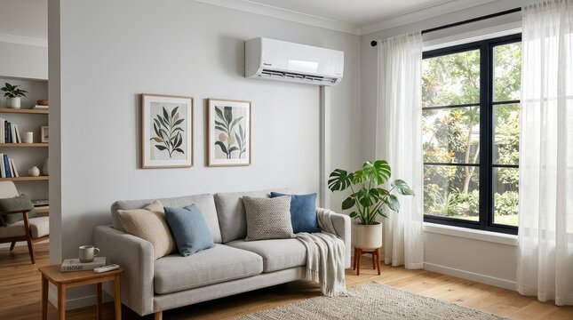 Modern bright living room interior with split system air conditioner, grey sofa, and large window overlooking a garden