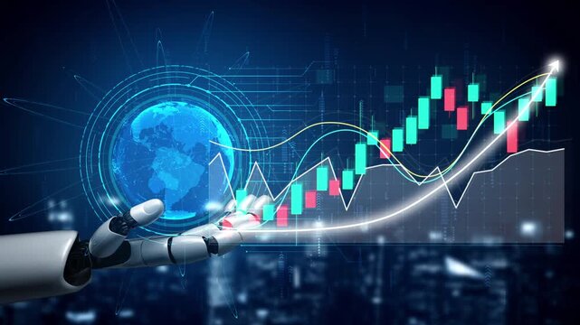 A futuristic robotic hand showcases a financial growth chart in a high-tech digital environment, representing data analysis and technological innovation. Copula