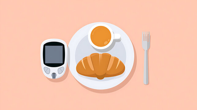 Flat vector illustration of a glucose meter next to a plate with a croissant and a cup of coffee for diabetes management and health care