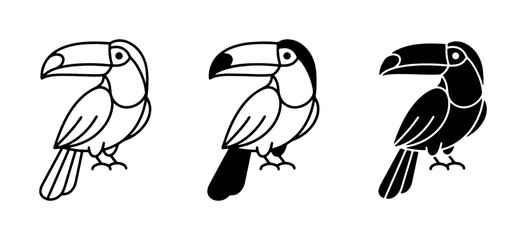 Fototapeta premium Toucan Icons Set, Tropical Bird Vector Graphics, Simple Outline and Silhouette Styles