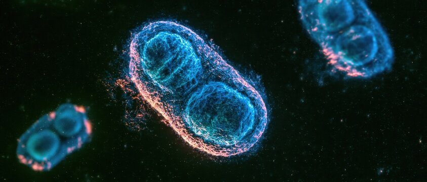 Microscopic organisms undergoing division processes captured through advanced fluorescence imaging technology.