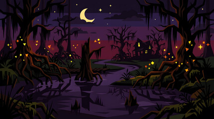 Fototapeta premium A spooky and mystical halloween night scene with a crescent moon and silhouetted haunted house