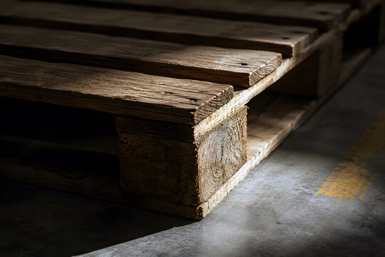 Close-up of an empty warehouse pallet corner with dramatic directional light
