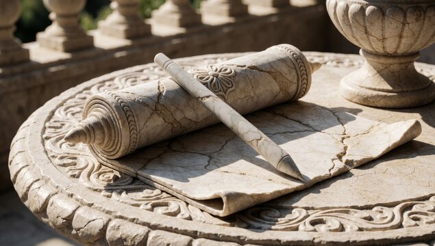 Close-up stone table intricate carvings there rolled-up scroll pen resting top appears old weathered cracks cr
