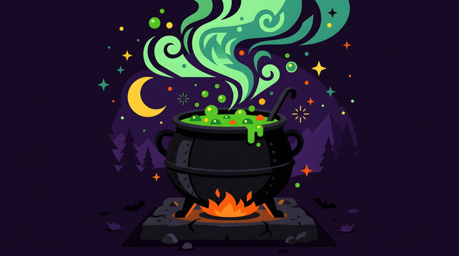 A magical halloween scene featuring a bubbling cauldron a crescent moon and swirling mystical smoke