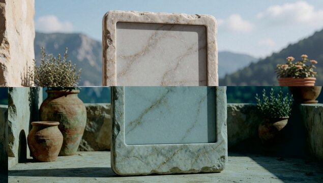 Rectangular stone frame white marble-like texture placed ledge potted plants either side background there beau