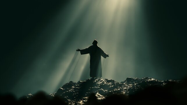 Jesus Christ stands on a rocky surface with raised arms, light shining down around him in a dark setting