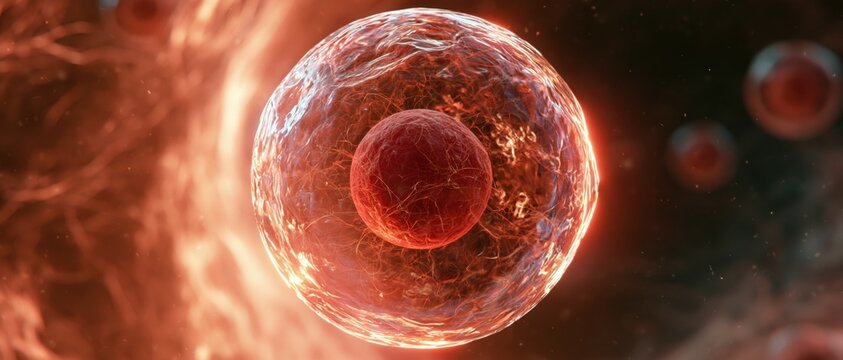 Detailed macro view of a single biological cell floating amidst microscopic structures in the body.