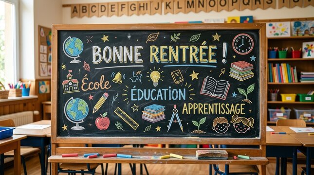 Back to School Blackboard with Bonne Rentr&eacute;e Message and Colorful Chalk Drawings in French Classroom
