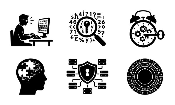 Cybersecurity Icons Set: Data Protection, Digital Security, Access Control, Brainstorming, Time Management, Search