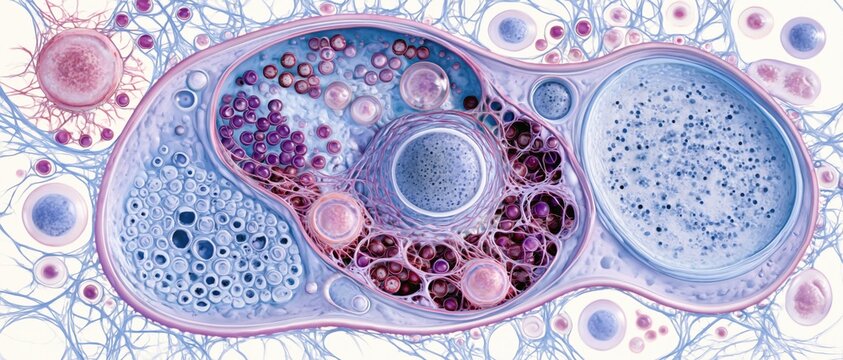 Detailed biological cell division shows intricate intracellular structures and organelle distribution.