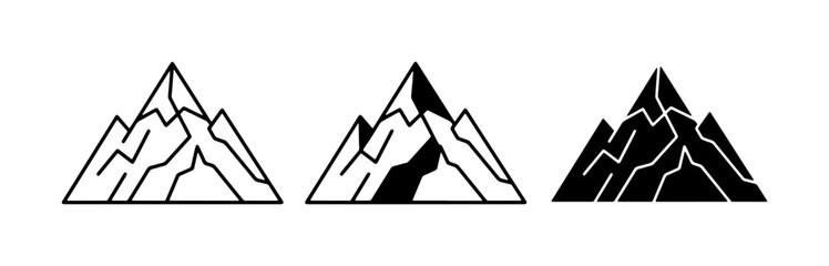 Mountain Icons Set, Minimalist Peaks Collection, Outline and Silhouette Graphics for Adventure and Nature Themes © Farhan