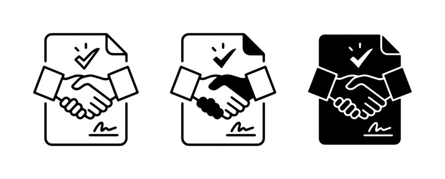 Agreement icons, handshake and contract symbols, partnership and deal confirmation, business collaboration vector set