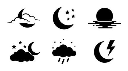 Fototapeta premium Celestial Night Icons: Crescent Moon, Stars, Clouds, Rain, Lightning, Sun Silhouette Set, Vector Graphics for Weather and Astronomy