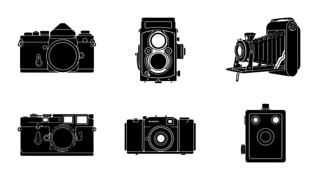 Vintage Camera Icons, Retro Photography Equipment Set, Classic Film Cameras Collection, Silhouette Objects