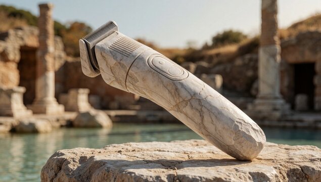 Close-up white marble-like object which appears hair clipper resting rock has curved handle pointed tip small