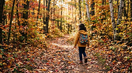 Fototapeta premium Little girl hiking forest trail on first day of fall, surrounded by vibrant golden autumn foliage, nature exploration, seasonal outdoor adventure.