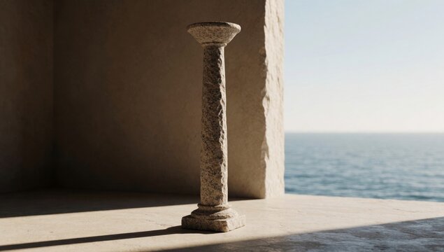 Tall cylindrical stone column standing concrete floor ocean background appears old weathered rough texture cra
