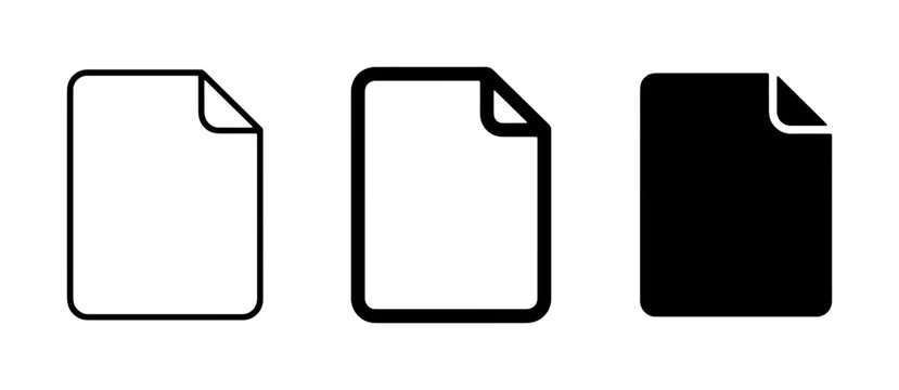 Document Icons Set: Blank Paper, Outline, and Solid Black File Symbols for Digital Content