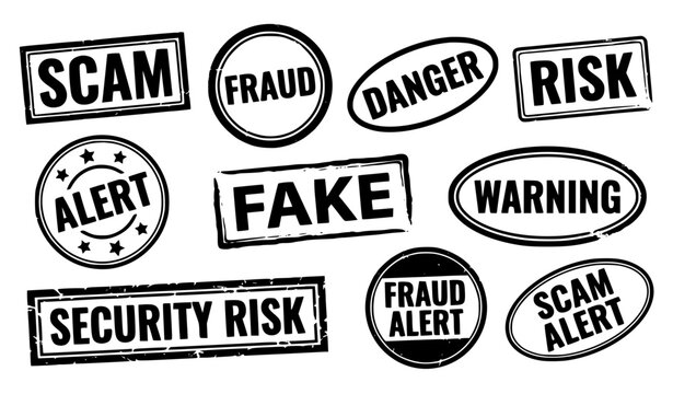 Fraud alert scam warning red rubber stamp badge editable vector set
