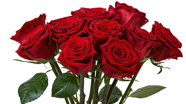Isolated vibrant bouquet of fresh deep red roses with green foliage, perfect for romance.