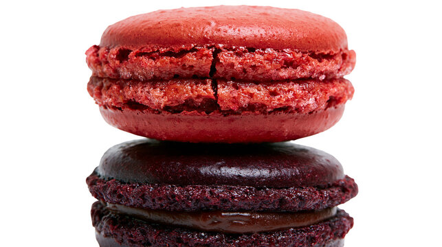 Isolated two stacked red and rich dark chocolate macarons, delicious gourmet French pastry dessert