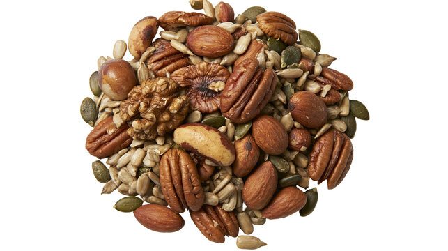 Isolated nutritious mix of assorted nuts and seeds including pecans, walnuts, almonds, and pumpkin