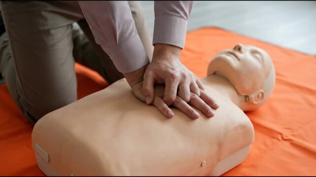 A Man Demonstrating Chest Compressions on a Cpr Training Mannequin During a First Aid Class Highlighting Proper Resuscitation Technique