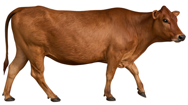 Isolated brown Jersey dairy cow standing full length in a professional studio shot, side view