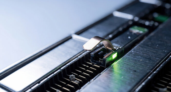 QSFP Transceiver Latch and Green LED Macro - Data Center High Speed Interconnect - AI Cluster Networking Background - Cool White + LED Light

