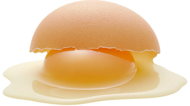 Isolated raw cracked chicken egg with golden yolk and clear albumen spilling from broken shell
