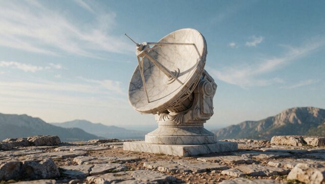 Large white satellite dish pedestal middle rocky landscape made stone has intricate carvings surface antennas