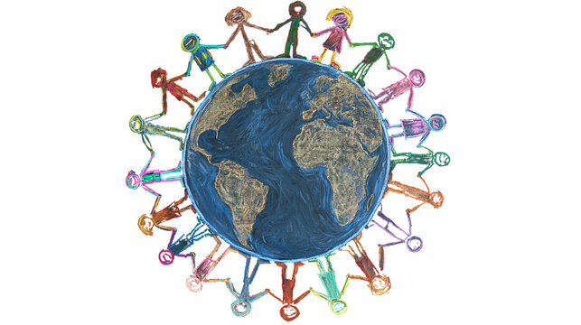 Isolated diverse children holding hands around the world, symbolizing global community and unity