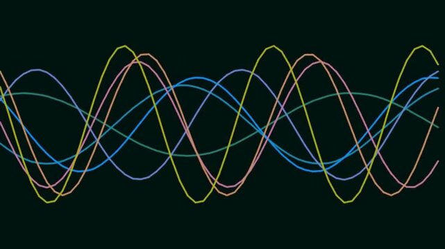 Waveforms Framing Colorful Intersecting Lines Shaping Visual Patterns in Dark Studio