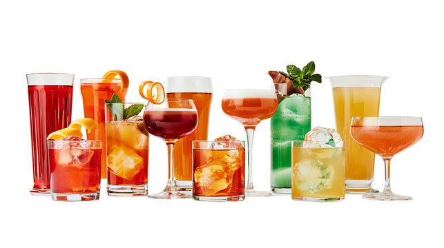 Isolated row of diverse colorful refreshing summer drinks and cocktails in different glasses